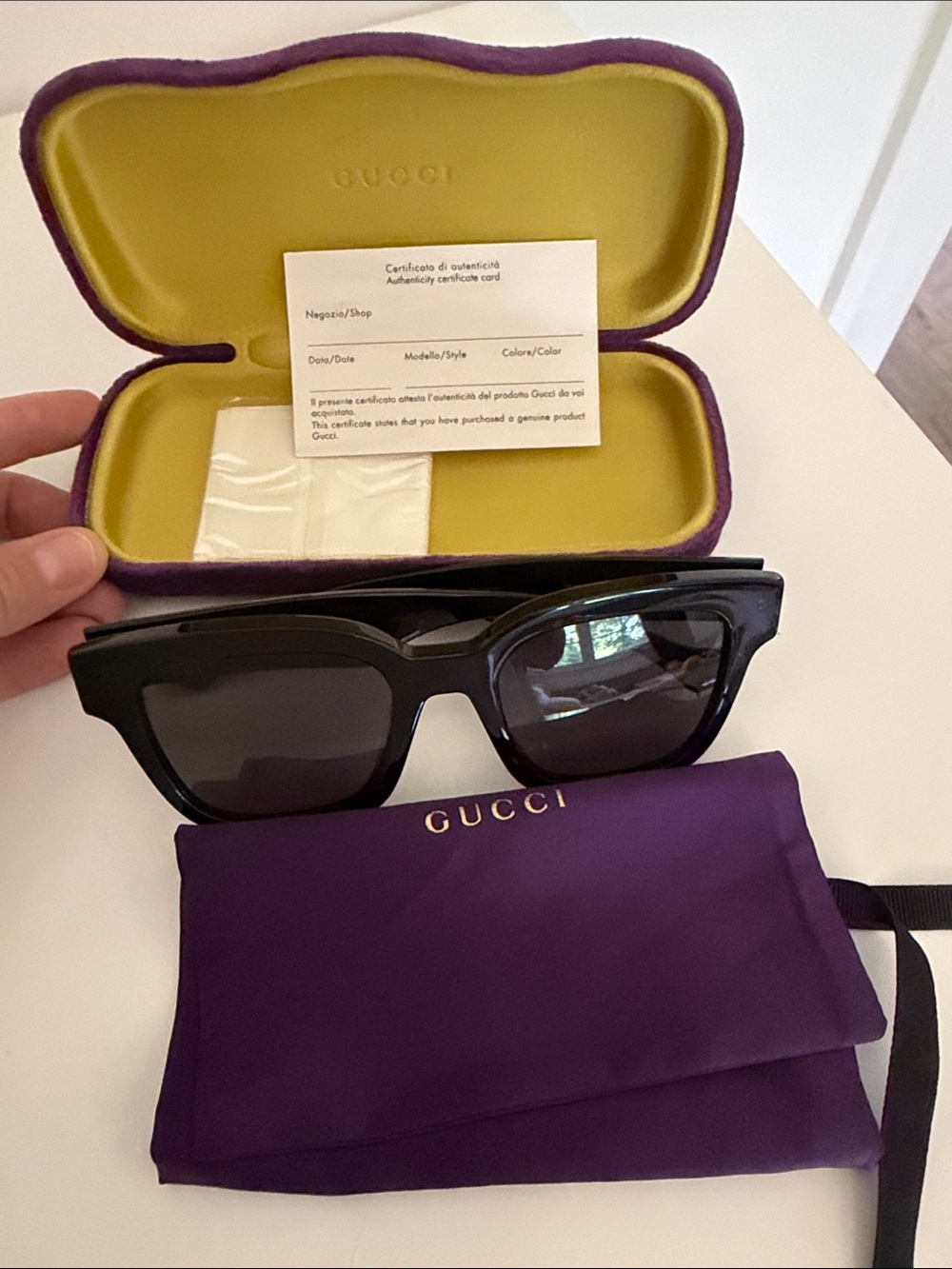 Gucci Black Cat-Eye Sunglasses with Purple Case and Pouch
